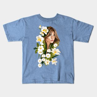 BELIA Illustration Woman with White Flowers Kids T-Shirt